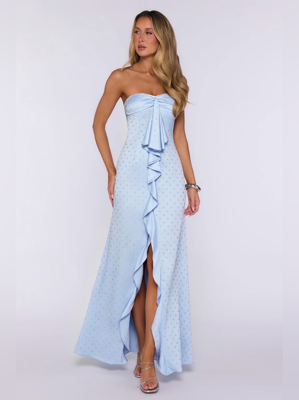 Hello Molly Strapless Light Blue Polka Dot Gown